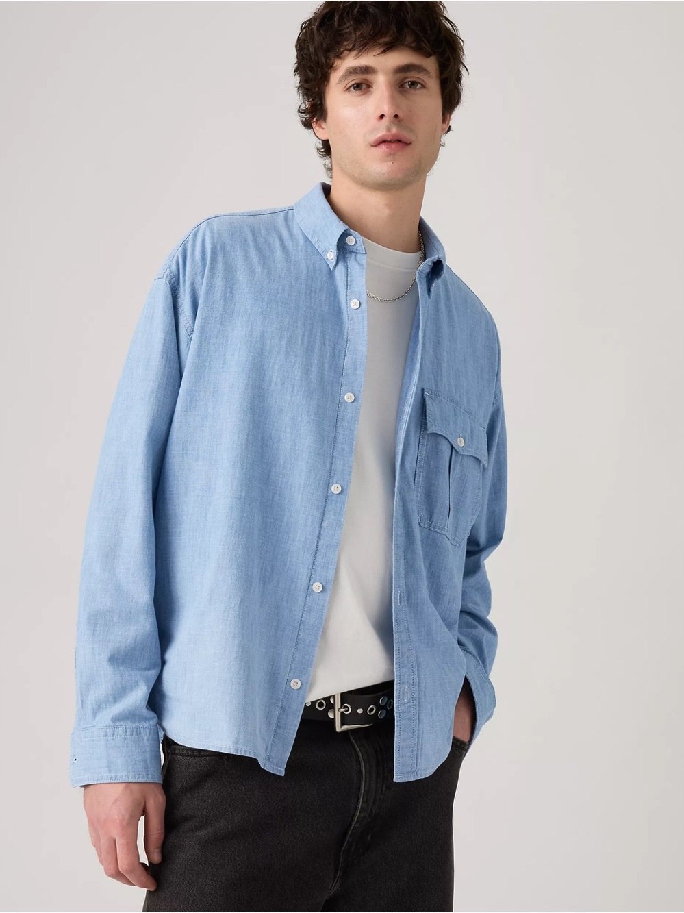 Brand new Long-sleeve Zandt Boxy Shirt—light wash-Small